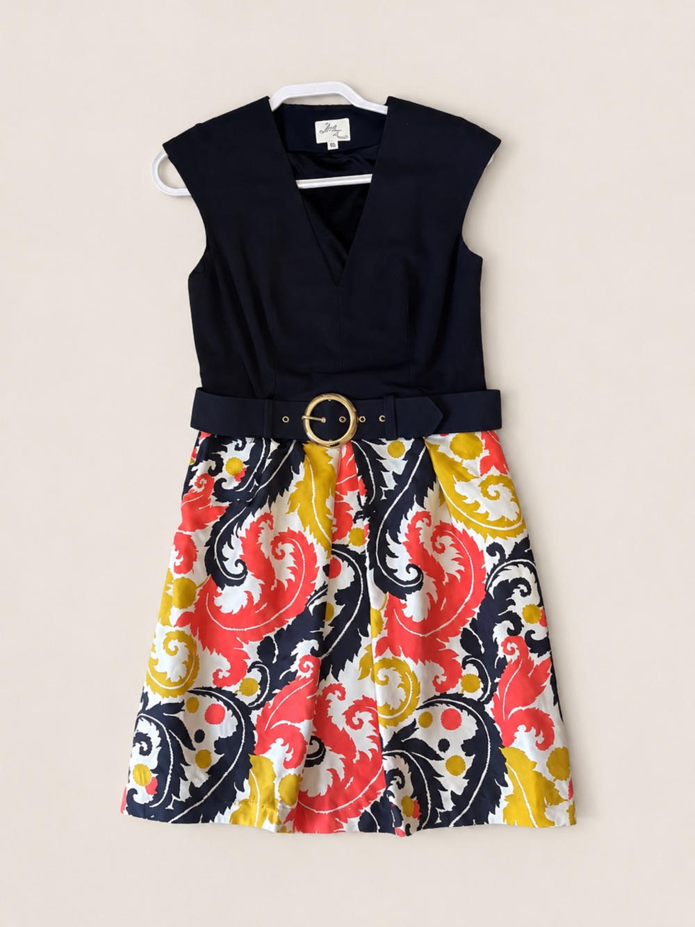 Milly Silk Belted Fit & Flare Dress Navy Coral Gold Print Size 10